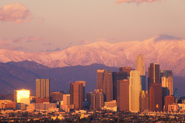 Sunset view of Mount Baldy and Los Angeles from Baldwin Hills the day after a winter storm, Los...