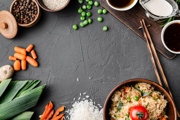 Asian food ingredients on background