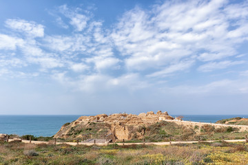 Old Crusader Castle Ruins in Apollonia by the Mediterranean Sea (Israel)