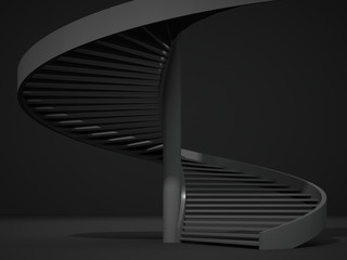 Black spiral stairs on dark background; abstract steps, minimal scene; architectural design elements 3d rendering, 3d illustration