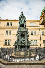 Fototapeta na wymiar Prague, Czech republic - March 19, 2020. Statue of Charles IV - Karel IV - at Krizovnicke namesti by Charles bridge 