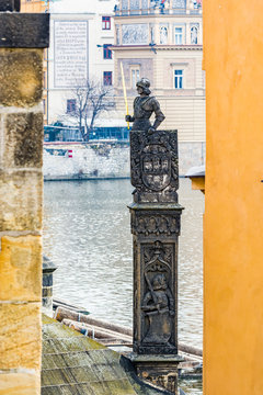 Prague, Czech republic - March 19, 2020. Statue of Bruncvik under the Charles Bridge
