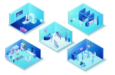 Medical clinic infographics of hospital with 2019-nCoV Coronavirus patients in hall, laboratory, surgery, mri scanning, healthcare 3d isometric illustration with doctor in medical face mask