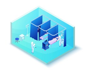 Medical hospital room for treatment of 2019-nCoV Coronavirus patients, doctor in protective suit, clinic isometric interior, therapy, pulse control, 3d isometric illustration - 332039005