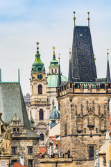 Prague, Czech republic - March 19, 2020. Malostranska mostecka tower as a beginning/end of Charles Bridge 