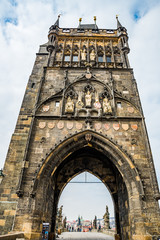 Prague, Czech republic - March 19, 2020. Main tower by Charles Bridge during travel ban without tourists