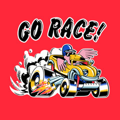 Go Race. Image showing a flamingo riding a hotrod. Vector graphics.