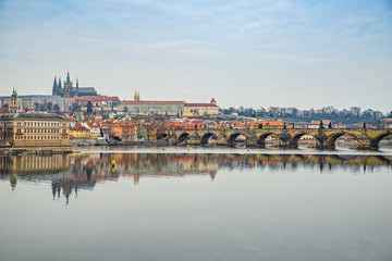 Prague, Czech republic - March 19, 2020. View on Prague Castle without tourists on street during coronavirus crisis 