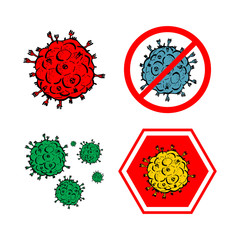 Set of 4 2019-nCoV bacteria isolated on white background. few Coronavirus in red circle vector Icon. COVID-19 bacteria corona virus disease sign. SARS pandemic concept symbol. Pandemic. Human health .
