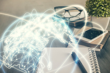 Double exposure of financial theme drawing and cell phone background. Concept of business