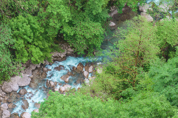 Mountain river Okatse in Okatse Canyon in Georgia. top view