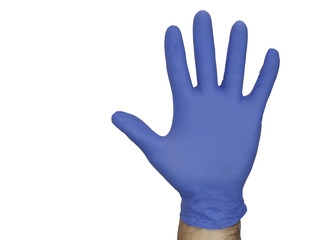 A male hand wearing a blue nitrile rubber glove is shown isolated against a white background.