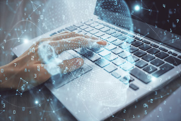 Multi exposure of woman hands working on computer and brain hologram drawing. Ai concept.