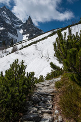 A stony path leading among snow-covered slopes. 