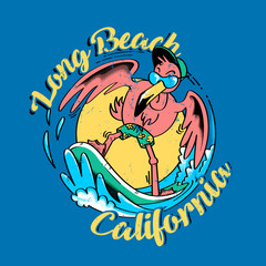 Long Beach California. Image related to surf. Flamingo riding a surf table.