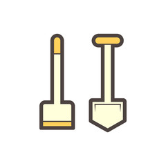 Hoe or spade and shovel vector icon. Equipment hand tool for agriculture at garden, farm, yard, backyard. Include wooden handle, steel for dig, scoop of soil, snow, ground, earth, plant and weeding.