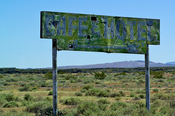 Old Cafe & Motel ghost sign. Old Route 66, Mojave Desert, California 