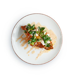 mouthwatering croissant with chicken filling, exquisite restaurant breakfast dish is a classic serving.