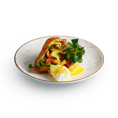 mouthwatering croissant with chicken filling, exquisite restaurant breakfast dish is a classic serving.