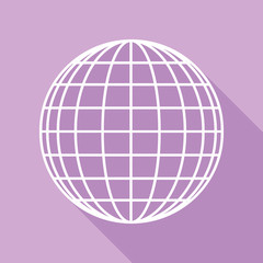 Earth Globe sign. White Icon with long shadow at purple background. Illustration.