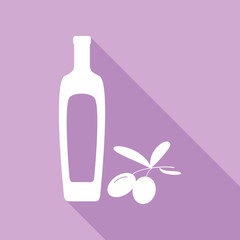 Black olives branch with olive oil bottle sign. White Icon with long shadow at purple background. Illustration.