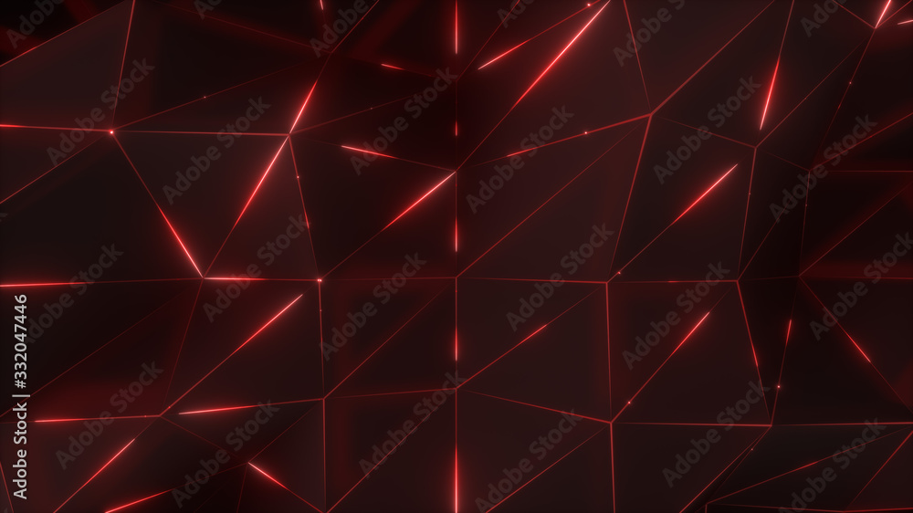 Poster abstract background. low-poly dark waving surface with glowing red light. 3d render