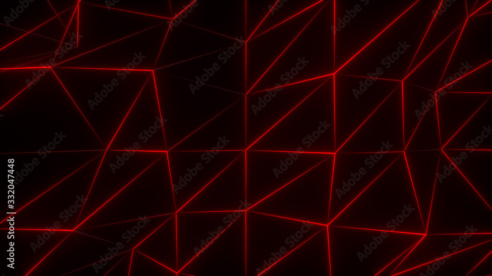 Poster abstract background. low-poly dark waving surface with glowing red light. 3d render