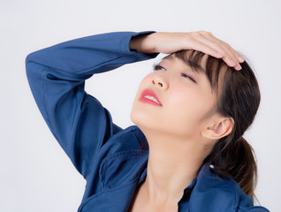 beautiful portrait young asian business woman worry and unhappy isolated on white background, asia businesswoman stress and frustrated having problem with work, beauty girl sick and headache.