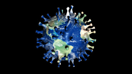 Coronavirus Asian flu ncov shape Earth background Covid-19. Concept of cure search and global...