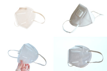 Collection of Isolated n95 mask in Different viewpoint on white background. n95 mask for protect pm2.5 and corona virus(COVIT-19).