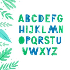Funny kids alphabet with hand drawn elements in scandinavian style for poster, kids nursery, font, letters design. Vector illustration isolated on background.