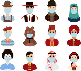 People around the world countries in national clothes put on a masks - poster, quarantine, coronavirus. Illustrations concept coronavirus COVID-19. virus wuhan from china. Vector illustrate.