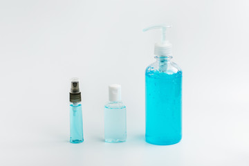 Hand sanitizer gel and spray set for cleaning, clear and prevent spread of virus, bacteria and germs isolated on white background. COVID-19 Pandemic Coronavirus prevention and personal hygiene concept