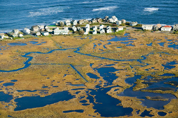 Aerial view of marsh and Rachel Carson Wildlife Sanctuary in Wells, south of Portland, Maine