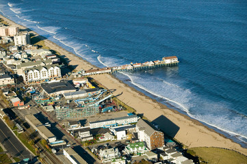 Aerial view of Old Orchard Beach downtown, pier, new hotel and amusement park on Maine Coastline...
