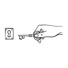 Human Hand Holding Keys. Black and White Vector Illustration Graphic.