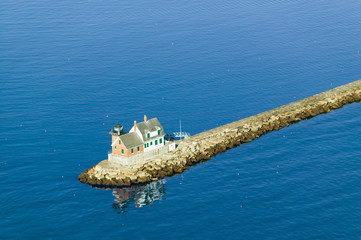 Aerial view of Rockland Lighthouse at end of jetty from the Samoset Resort, Maine