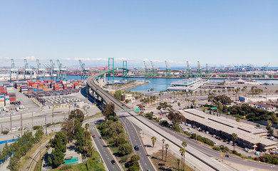 Very light traffic on Vincent Thomas Bridge in San Pedro, CA.  Drone view on March 20, 2020
