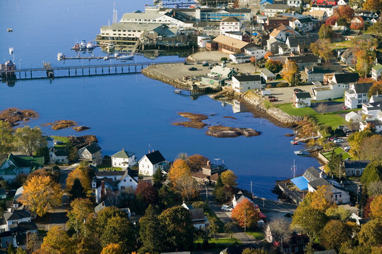 Aerial view of Boothbay Harbor on Maine coastline