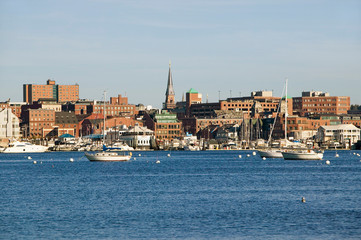View of Portland Harbor boats with south Portland skyline, Portland, Maine © spiritofamerica