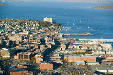 Naklejka premium Aerial of downtown Portland, Maine showing Maine Medical Center, Commercial street, Old Port and Back Bay.