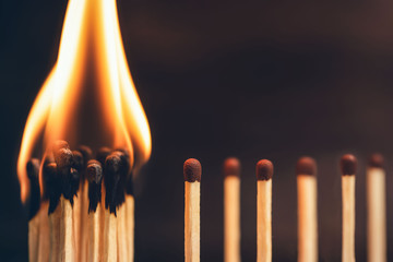 Preventing the spread of viruses, infectious diseases or fire. Safe distance, stopping the domino effect of the spread of coronavirus, copy space