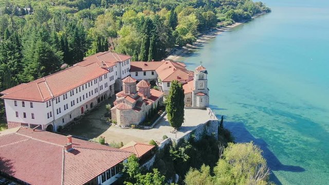 Aerial view of North Macedonian Saint Naum Monastery. Flight above Ohrid lake.