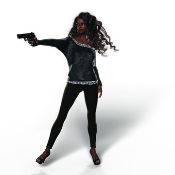 Black Woman with Handgun (Transparent with Shadows)