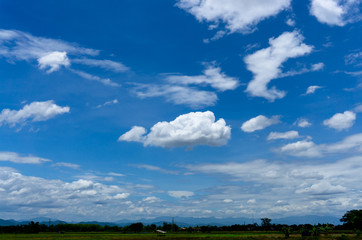 Beautiful white fluffy cloud formation on vivid blue sky in a sunny day above a wide famer agriculture land of rice plantation farm after harvest season,  countryside of Thailand