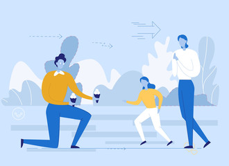 Young Father Giving Ice-Cream to Little Daughter and Adult Son Illustration. Happy Family Day. Cartoon Dad Spend Time with Children. Gay Parents with Kid on Walk. Flat Vector Design. People Characters