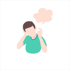 Smile asian boy with empty think bubble on blue background