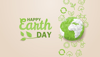 Happy earth day. Ecology concept. Design with globe map drawing and leaves on light brown background. vector. illustration.