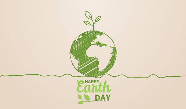 Happy earth day. Ecology concept. Design with globe map drawing and leaves on light brown background. vector. illustration.