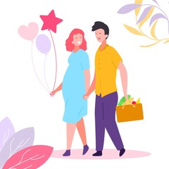Flat Illustration Pregnant Belly Woman, Husband. Vector Happy Family, Married Couple, Future Parents Expecting Baby, Carry Bag Food, Fruits, Balloons, Heart, Star, Leaves, Parenthood